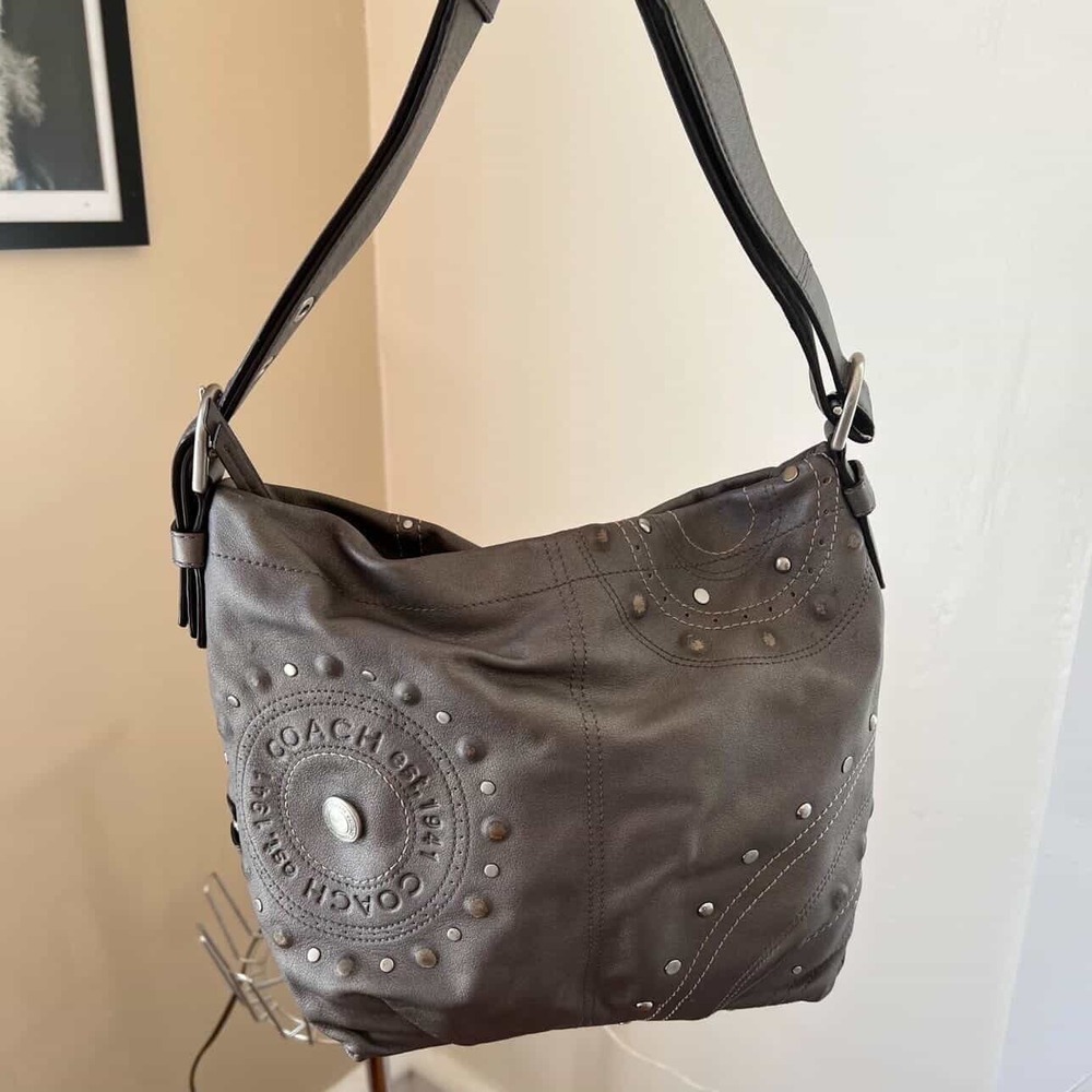 Coach Grey Leather Studded Logo Hobo Shoulder Bag Purple Lining F16178